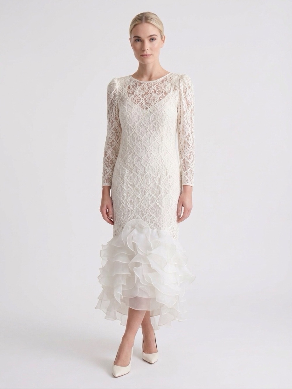 LILLIE RUBIN VINTAGE Ivory Lace  WEDDING PROM Midi Dress NO SIZE LABEL 4-6 ?